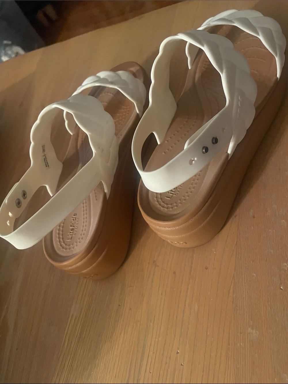CROCS White Braided Strap Platform Sandals with Tan Sole
